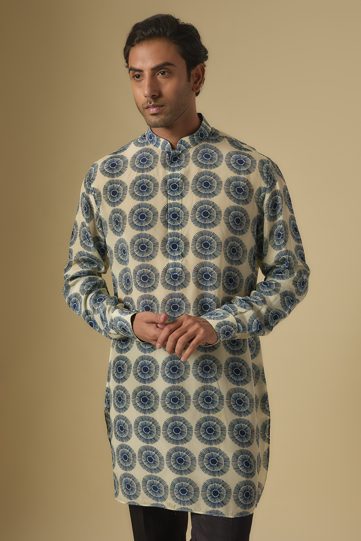 Blue Crepe Jaal Printed Kurta by Sva By Sonam & Paras Modi Men