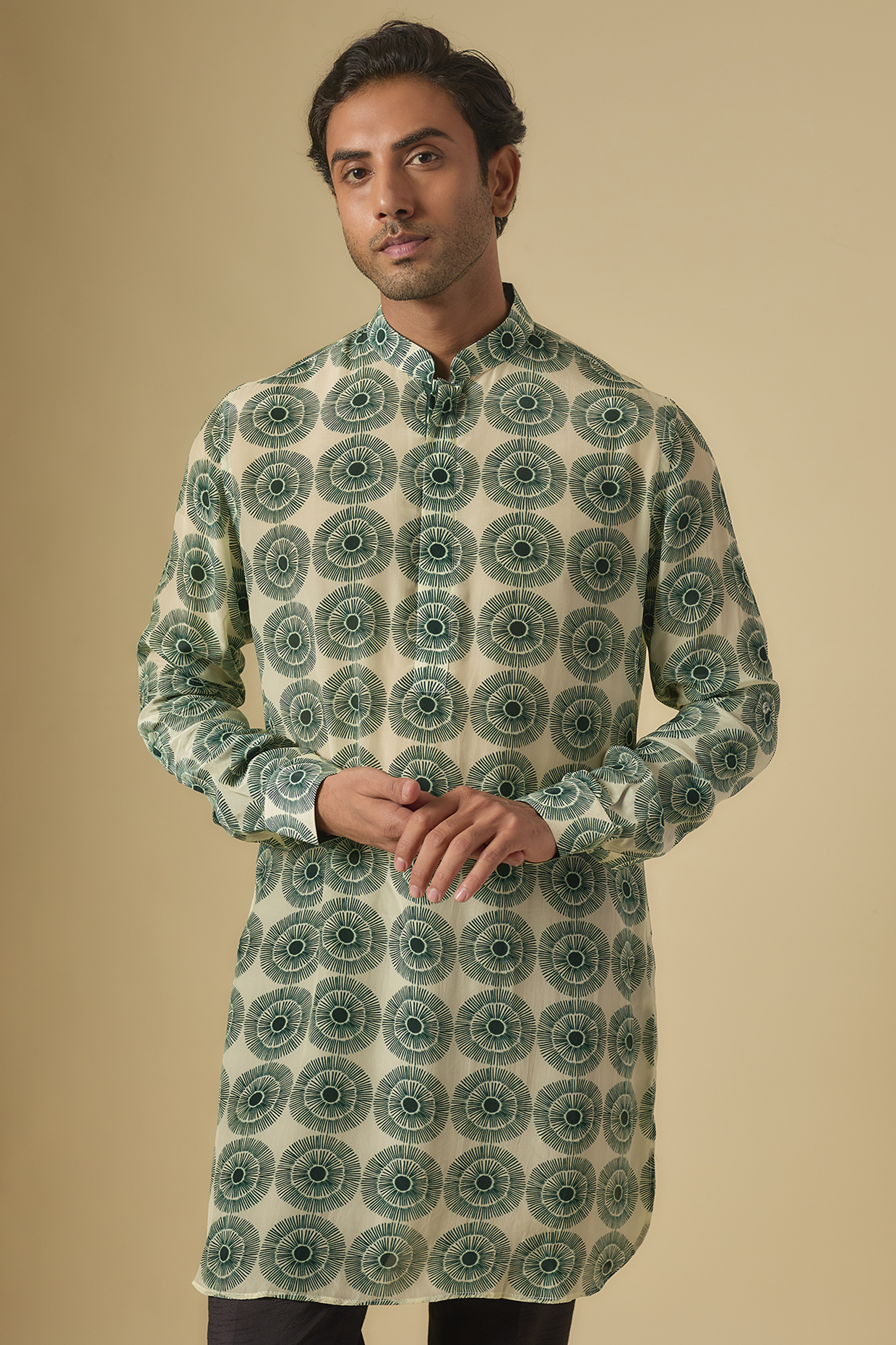 Green Crepe Jaal Printed Kurta by Sva By Sonam & Paras Modi Men