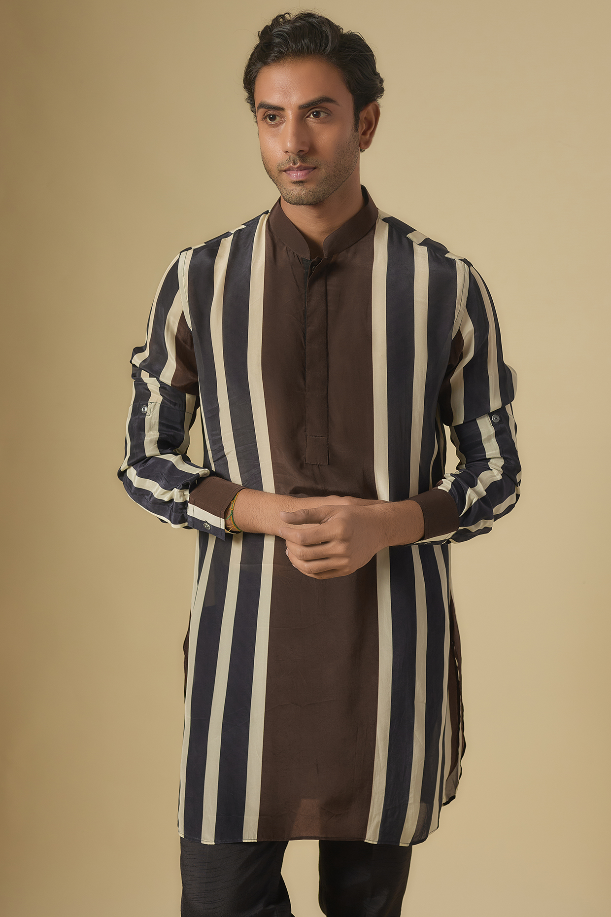 Brown Crepe Jaal Printed Kurta by Sva By Sonam & Paras Modi Men
