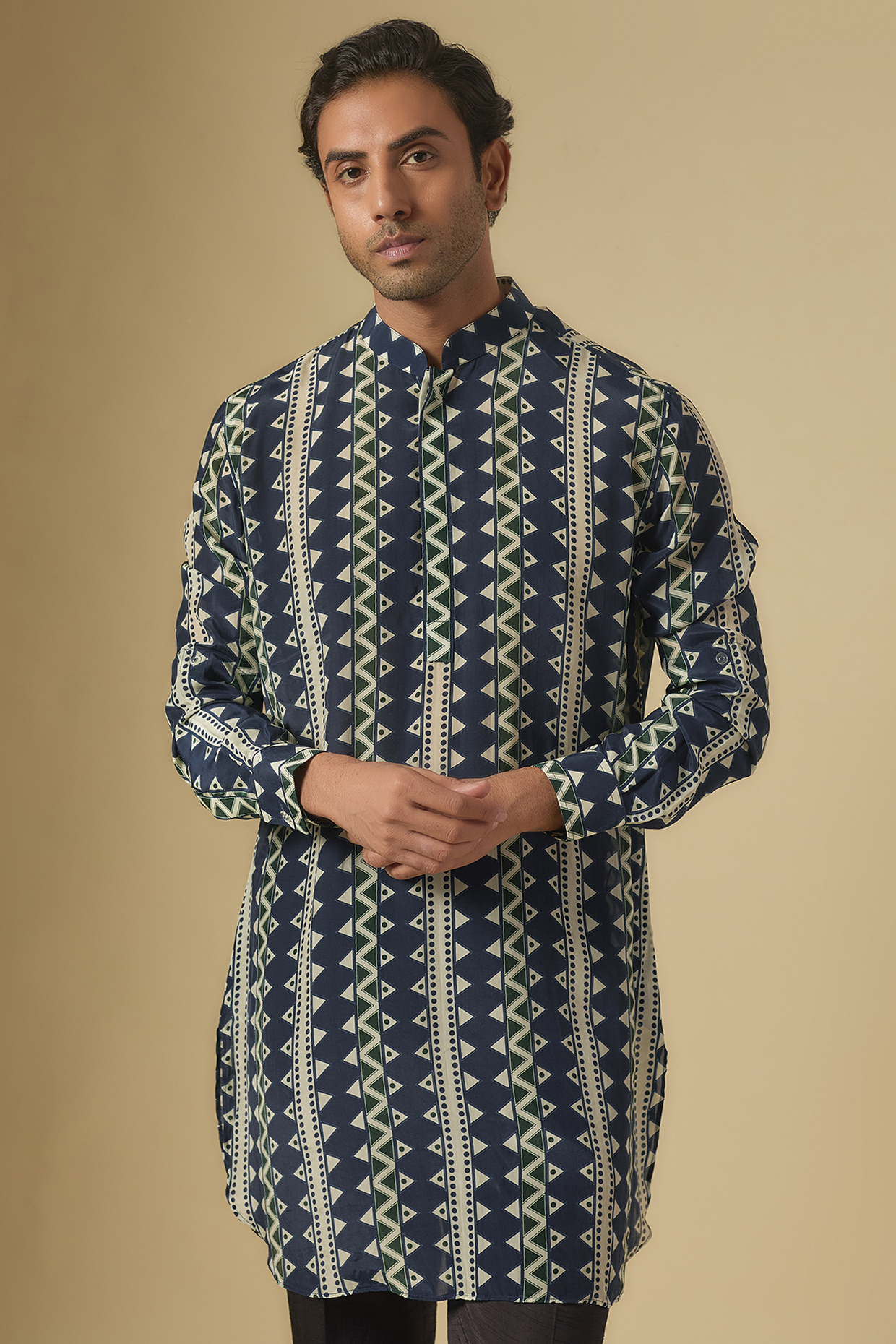 Blue Crepe Jaal Printed Kurta by Sva By Sonam & Paras Modi Men