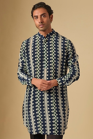 Blue Crepe Jaal Printed Kurta by Sva By Sonam & Paras Modi Men