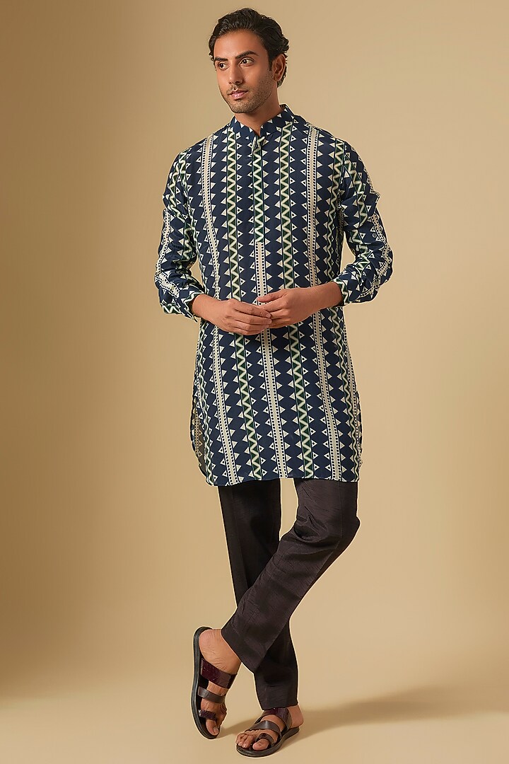 Blue Crepe Jaal Printed Kurta by Sva By Sonam & Paras Modi Men at Pernia's Pop Up Shop