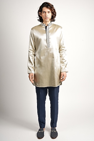 Silver Metallic Fabric Embroidered Straight Kurta by SVA BY SONAM & PARAS MODI Men