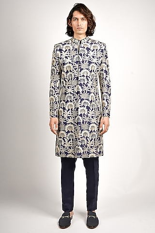 Midnight Blue Silk Thread Embroidered Sherwani Set by SVA BY SONAM & PARAS MODI Men