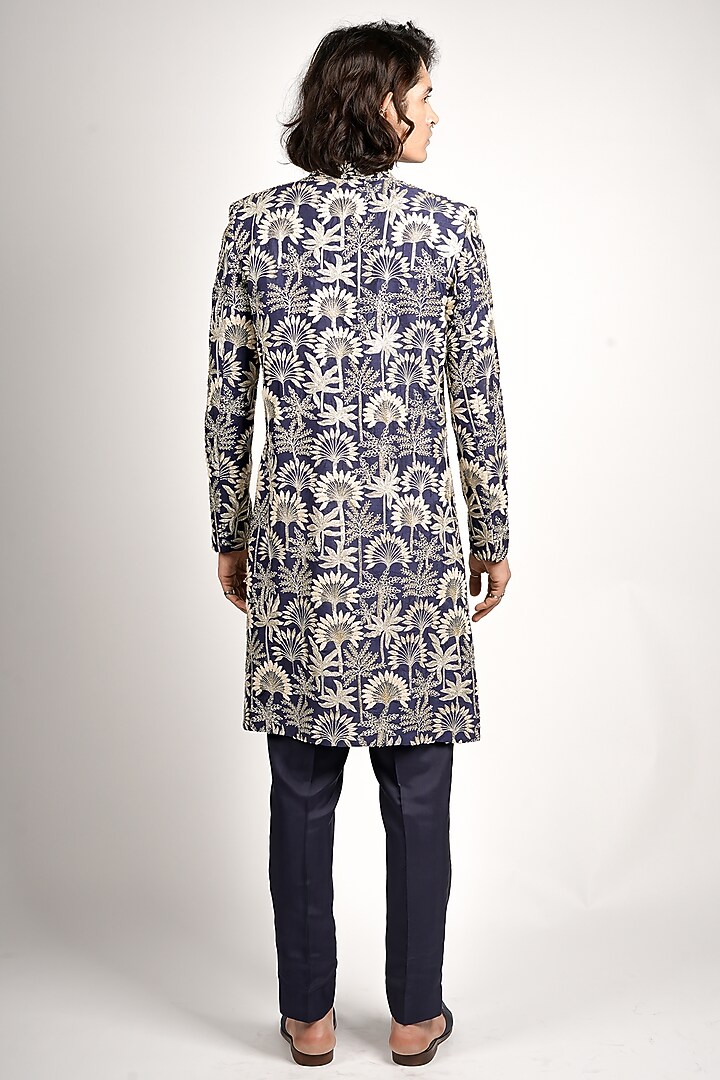 Midnight Blue Silk Thread Embroidered Groom Sherwani Set by SVA BY SONAM & PARAS MODI Men at Pernia's Pop Up Shop