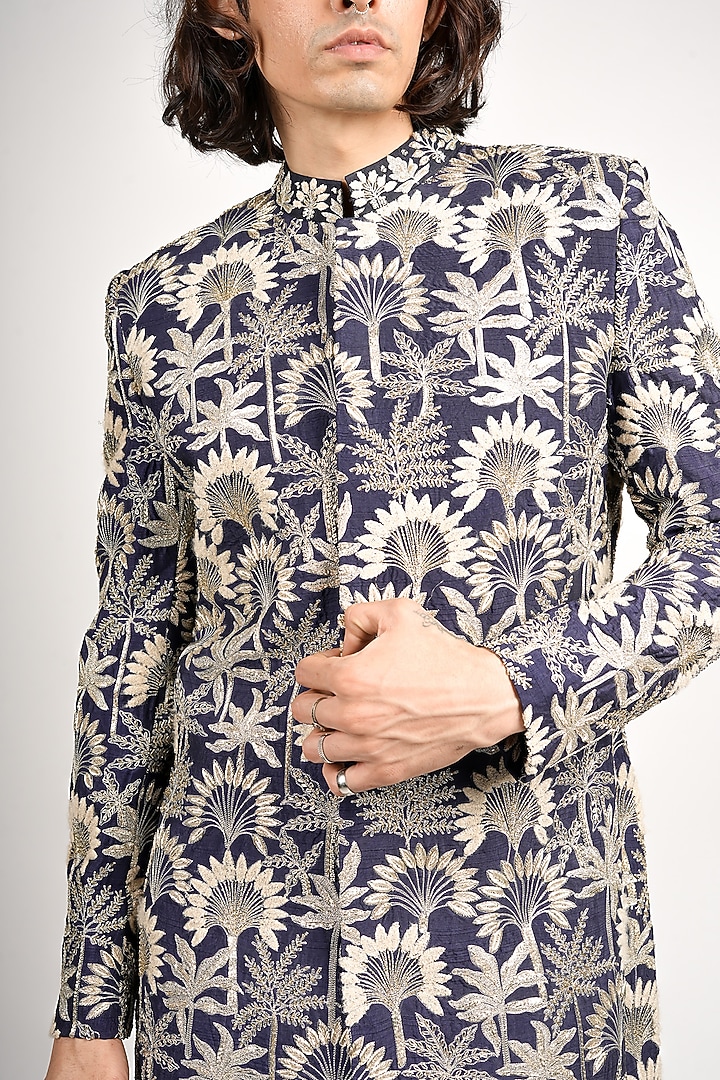 Midnight Blue Silk Thread Embroidered Groom Sherwani Set by SVA BY SONAM & PARAS MODI Men at Pernia's Pop Up Shop