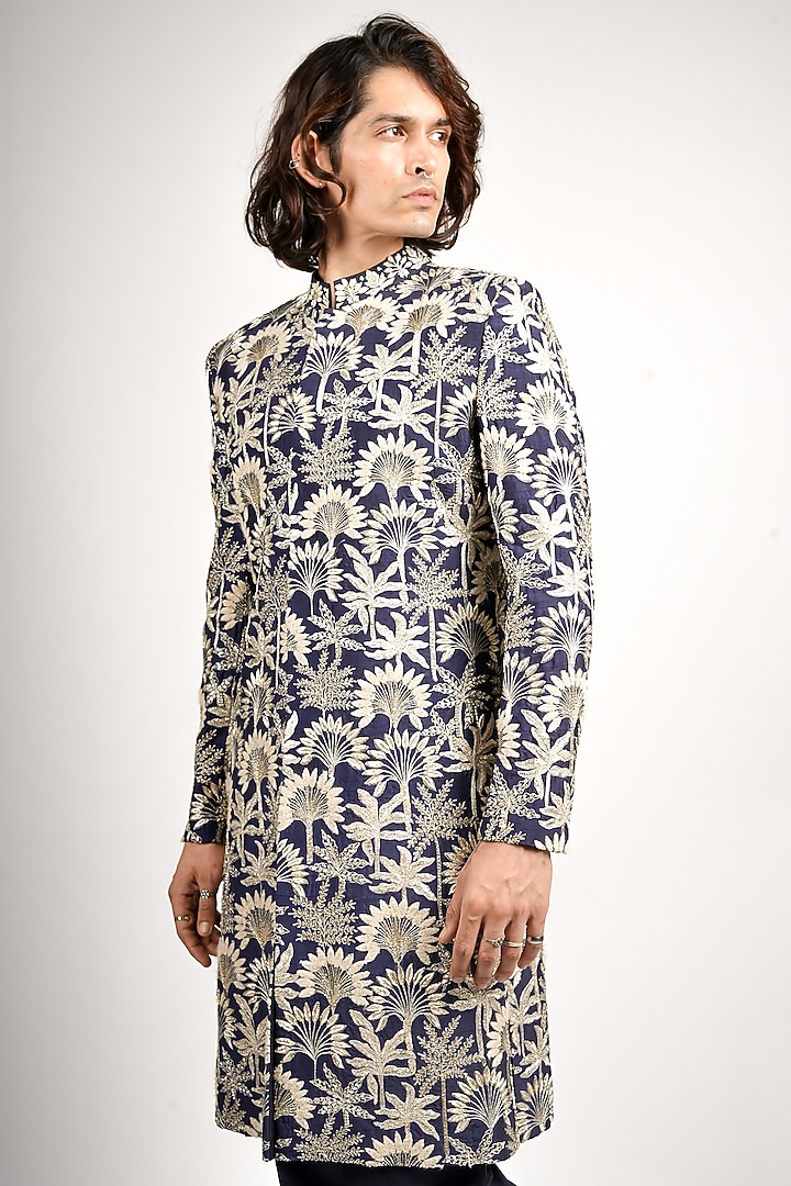 Midnight Blue Silk Thread Embroidered Groom Sherwani Set by SVA BY SONAM & PARAS MODI Men at Pernia's Pop Up Shop