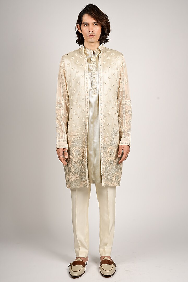 Shimmery Gold Organza & Tissue Embroidered Jacket Set by SVA BY SONAM & PARAS MODI Men at Pernia's Pop Up Shop