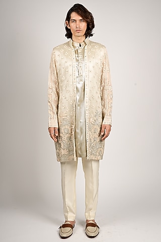 Shimmery Gold Organza & Tissue Embroidered Jacket Set by SVA BY SONAM & PARAS MODI Men