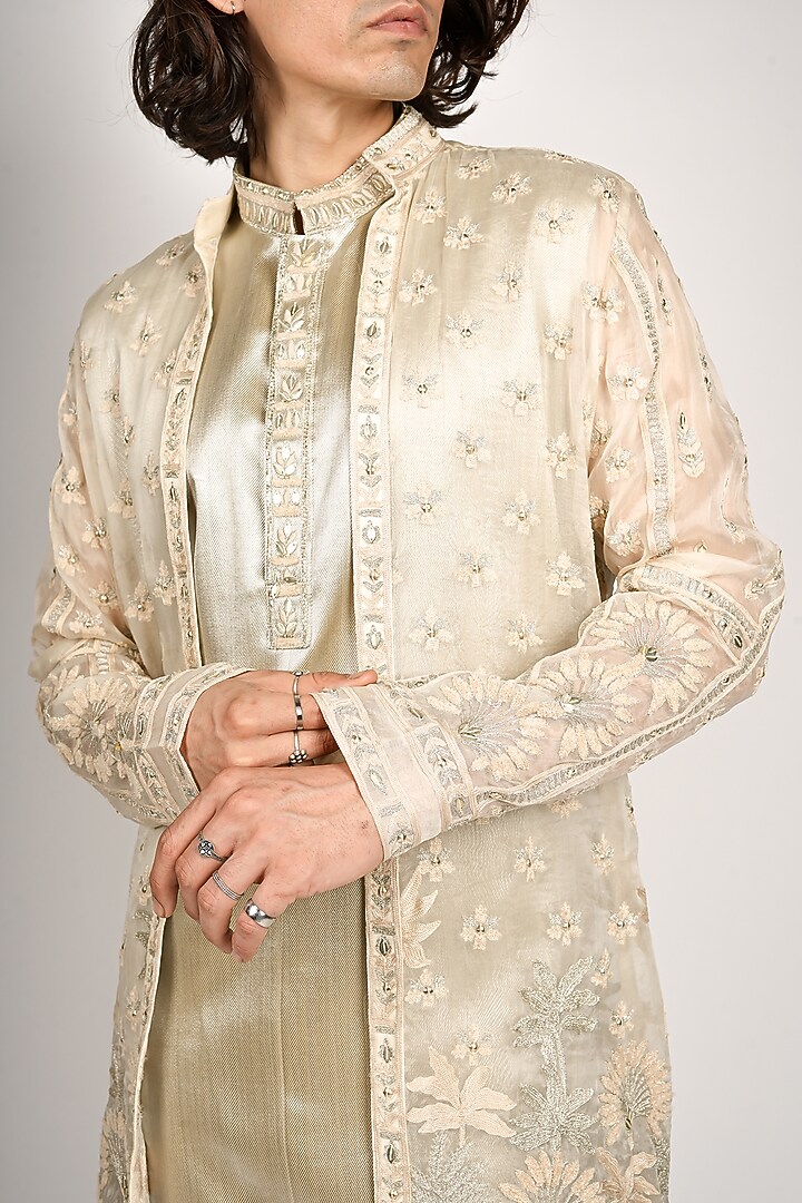 Shimmery Gold Organza & Tissue Embroidered Jacket Set by SVA BY SONAM & PARAS MODI Men at Pernia's Pop Up Shop