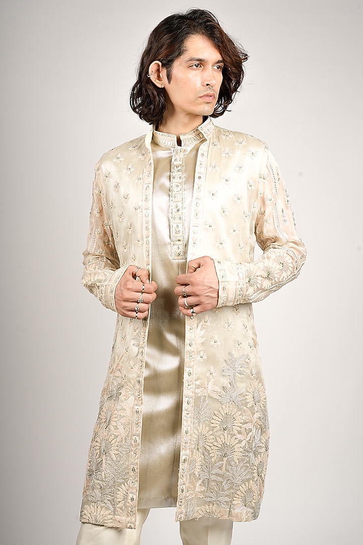 Shimmery Gold Organza & Tissue Embroidered Jacket Set by SVA BY SONAM & PARAS MODI Men at Pernia's Pop Up Shop
