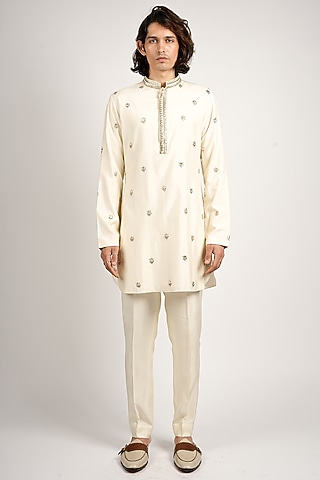 Ivory Crepe Embroidered Kurta Set by SVA BY SONAM & PARAS MODI Men
