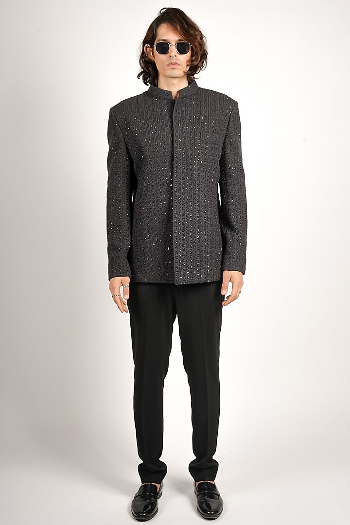 Black Silk Embellished Wedding Bandhgala Set by SVA BY SONAM & PARAS MODI Men at Pernia's Pop Up Shop