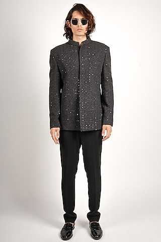 Black Silk Embellished Bandhgala Set by SVA BY SONAM & PARAS MODI Men