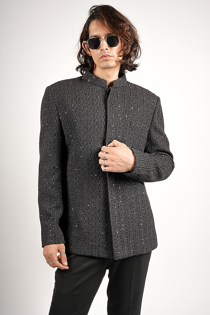Black Silk Embellished Wedding Bandhgala Set by SVA BY SONAM & PARAS MODI Men at Pernia's Pop Up Shop