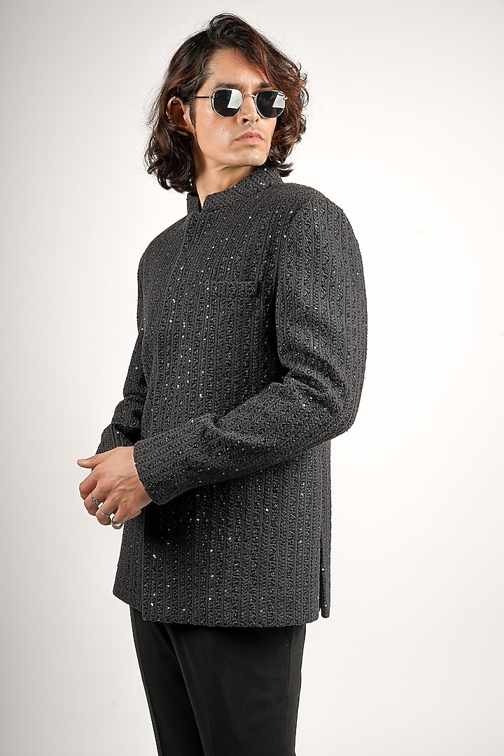 Black Silk Embellished Wedding Bandhgala Set by SVA BY SONAM & PARAS MODI Men at Pernia's Pop Up Shop