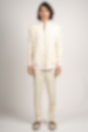 Ivory Silk Motifs Bomber Jacket by SVA BY SONAM & PARAS MODI Men at Pernia's Pop Up Shop