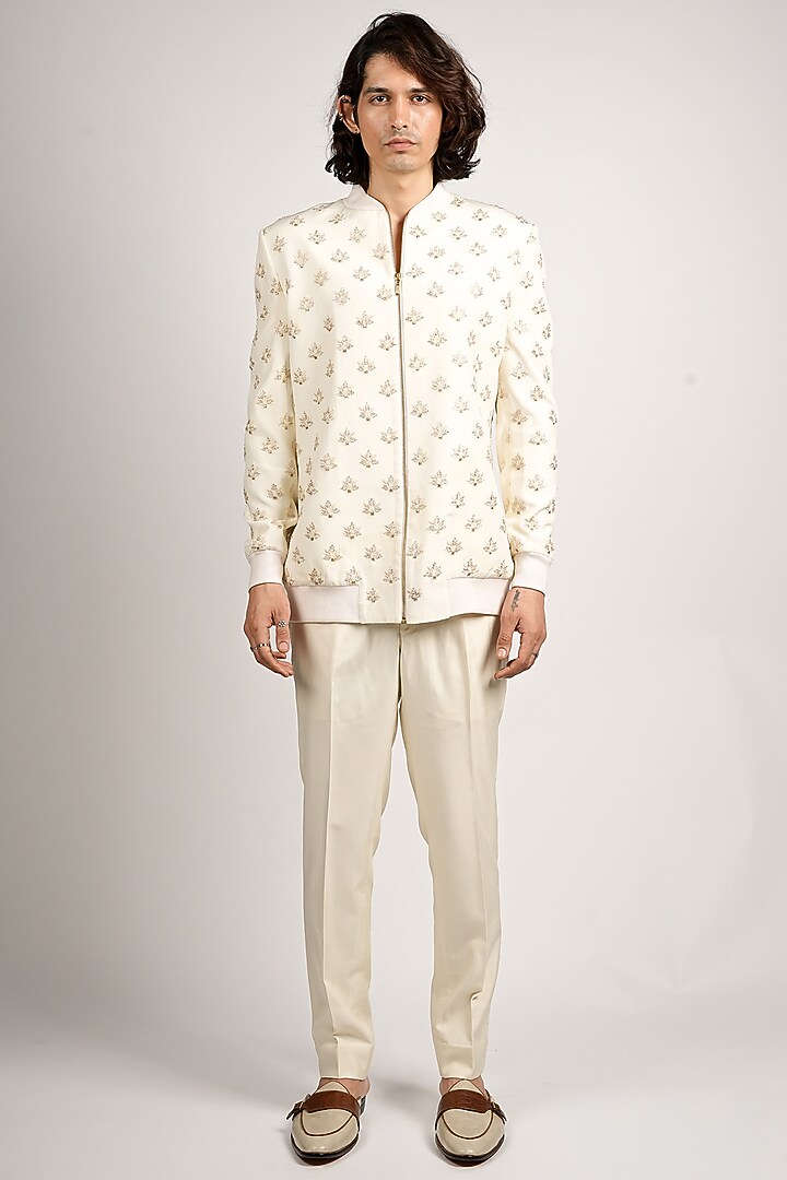 Ivory Silk Motifs Bomber Jacket by SVA BY SONAM & PARAS MODI Men at Pernia's Pop Up Shop