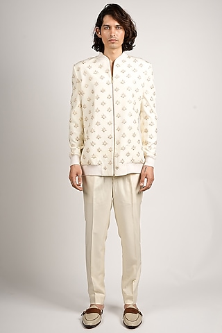 Ivory Silk Motifs Bomber Jacket by SVA BY SONAM & PARAS MODI Men