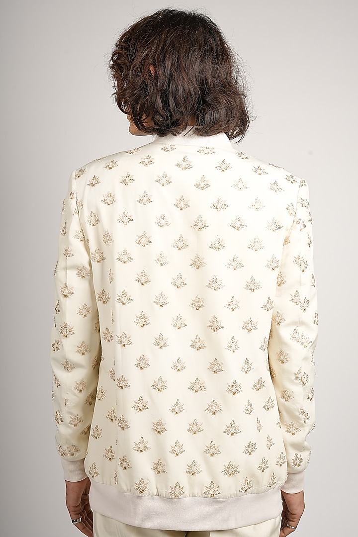 Ivory Silk Motifs Bomber Jacket by SVA BY SONAM & PARAS MODI Men at Pernia's Pop Up Shop