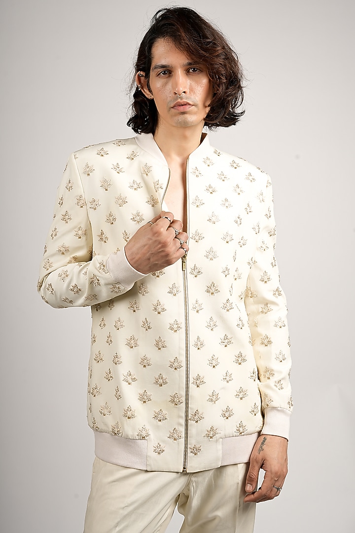 Ivory Silk Motifs Bomber Jacket by SVA BY SONAM & PARAS MODI Men at Pernia's Pop Up Shop