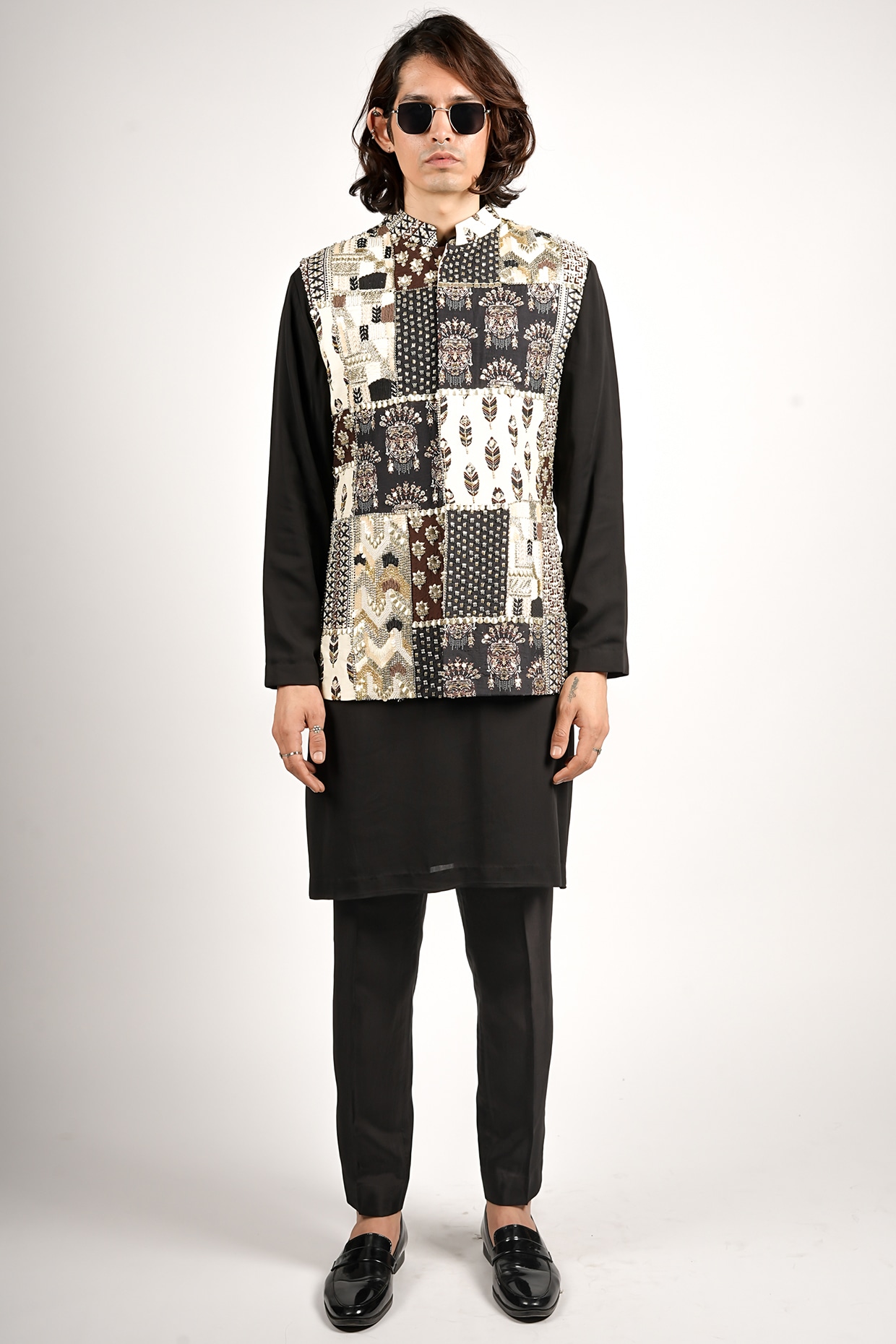 SVA BY SONAM & PARAS MODI Black Crepe Patchwork Bundi Jacket