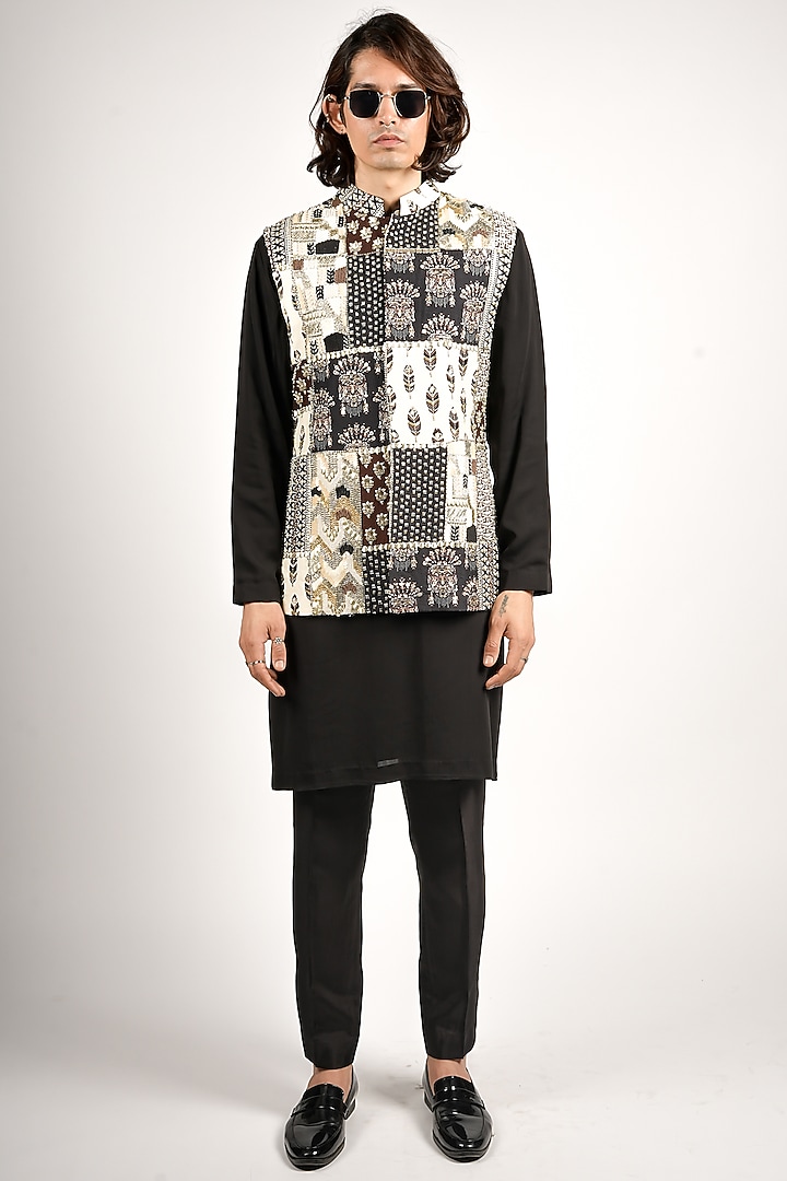 Black Crepe Patchwork Bundi Jacket by SVA BY SONAM & PARAS MODI Men at Pernia's Pop Up Shop