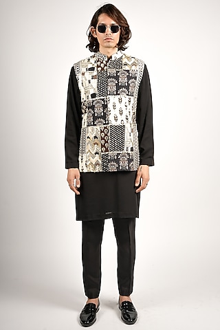 Black Crepe Patchwork Bundi Jacket by SVA BY SONAM & PARAS MODI Men