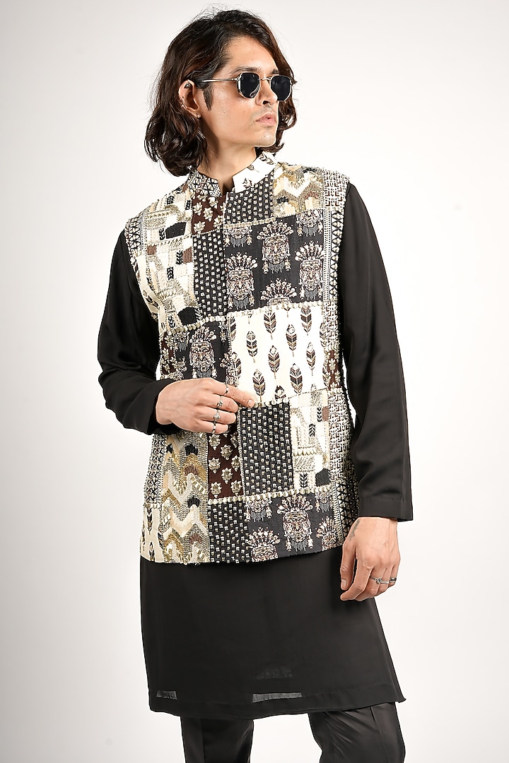 Black Crepe Patchwork Bundi Jacket by SVA BY SONAM & PARAS MODI Men at Pernia's Pop Up Shop