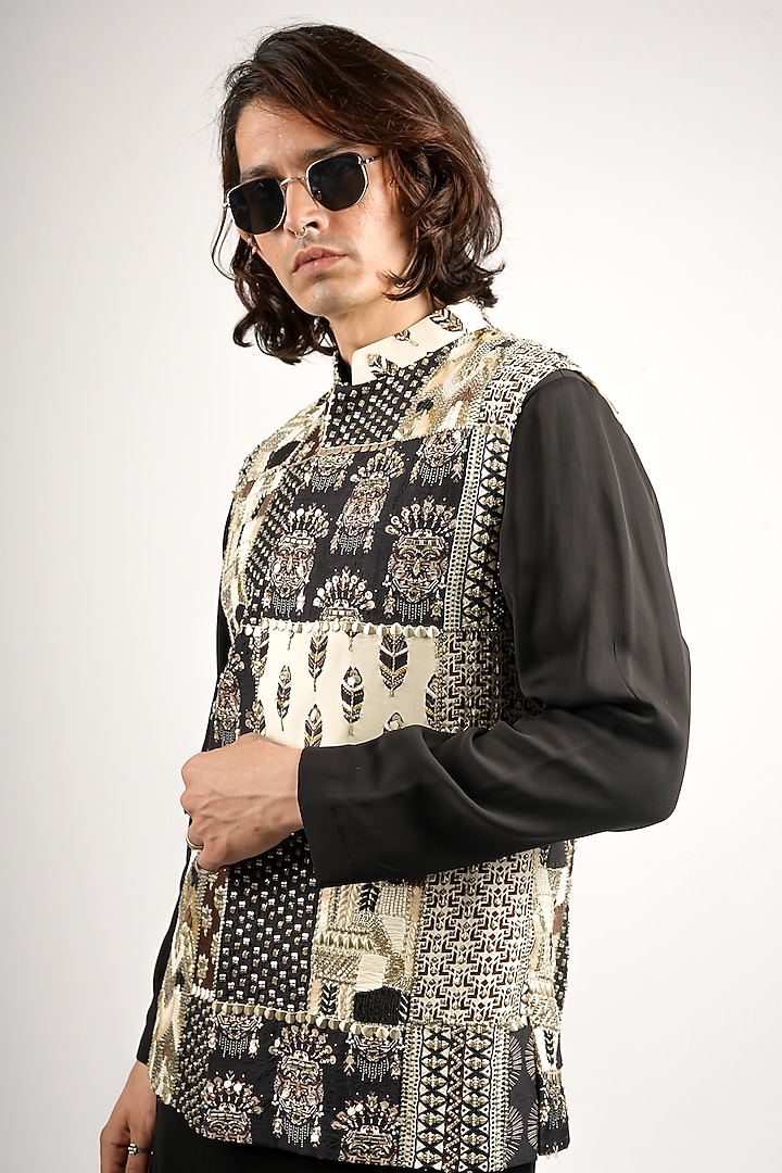 Black Crepe Patchwork Bundi Jacket by SVA BY SONAM & PARAS MODI Men at Pernia's Pop Up Shop