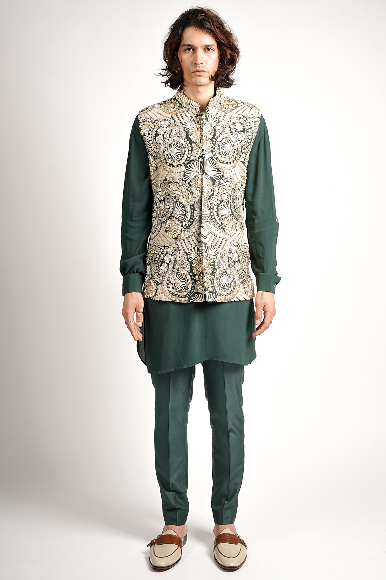 SVA BY SONAM & PARAS MODI Emerald Green Crepe Embroidered Bundi Jacket Set
