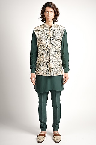 Emerald Green Crepe Embroidered Bundi Jacket Set by SVA BY SONAM & PARAS MODI Men