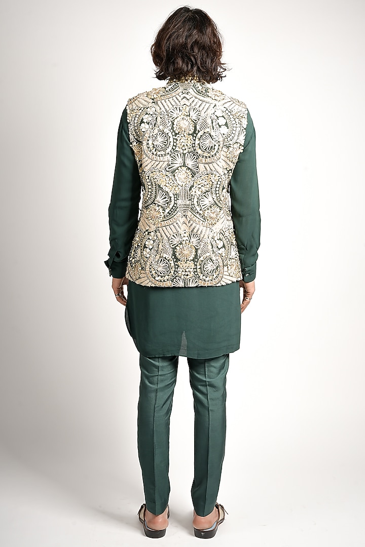 Emerald Green Crepe Embroidered Bundi Jacket Set by SVA BY SONAM & PARAS MODI Men at Pernia's Pop Up Shop