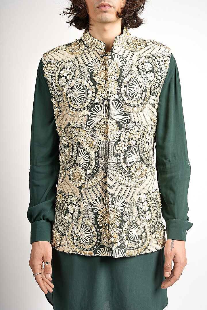 Emerald Green Crepe Embroidered Bundi Jacket Set by SVA BY SONAM & PARAS MODI Men at Pernia's Pop Up Shop