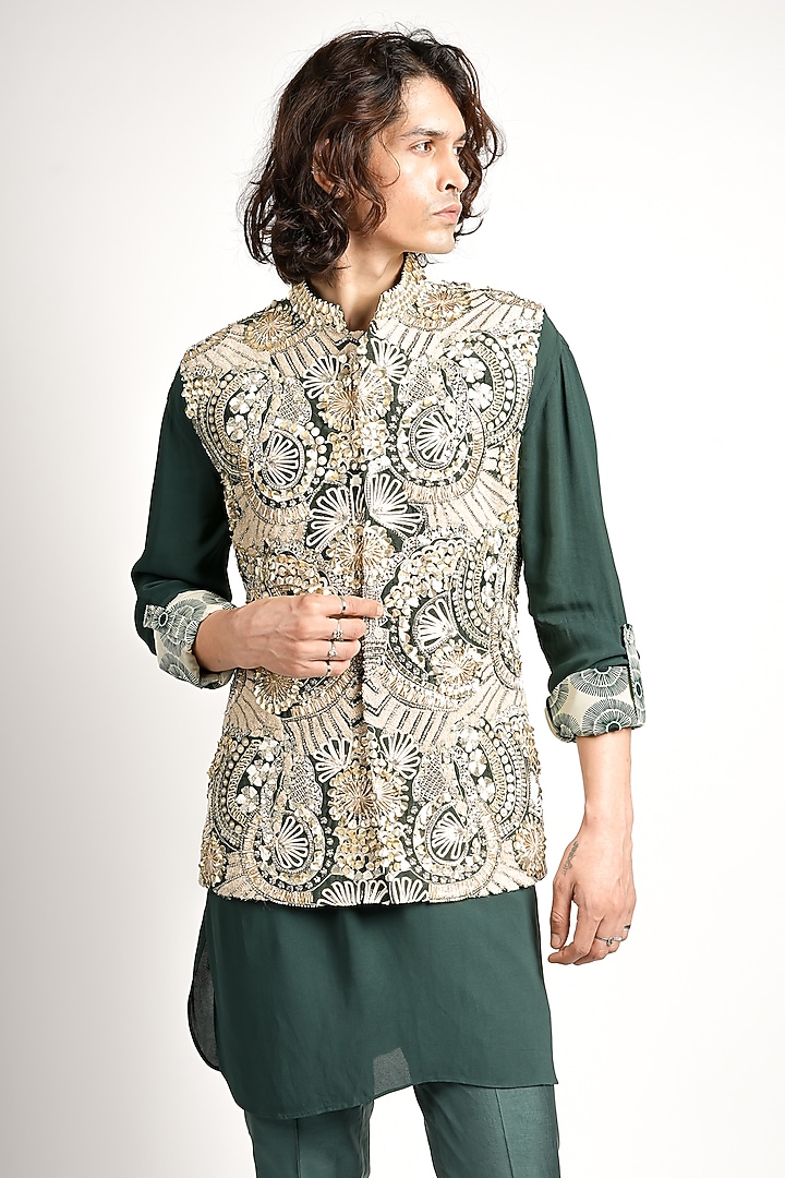 Emerald Green Crepe Embroidered Bundi Jacket Set by SVA BY SONAM & PARAS MODI Men at Pernia's Pop Up Shop