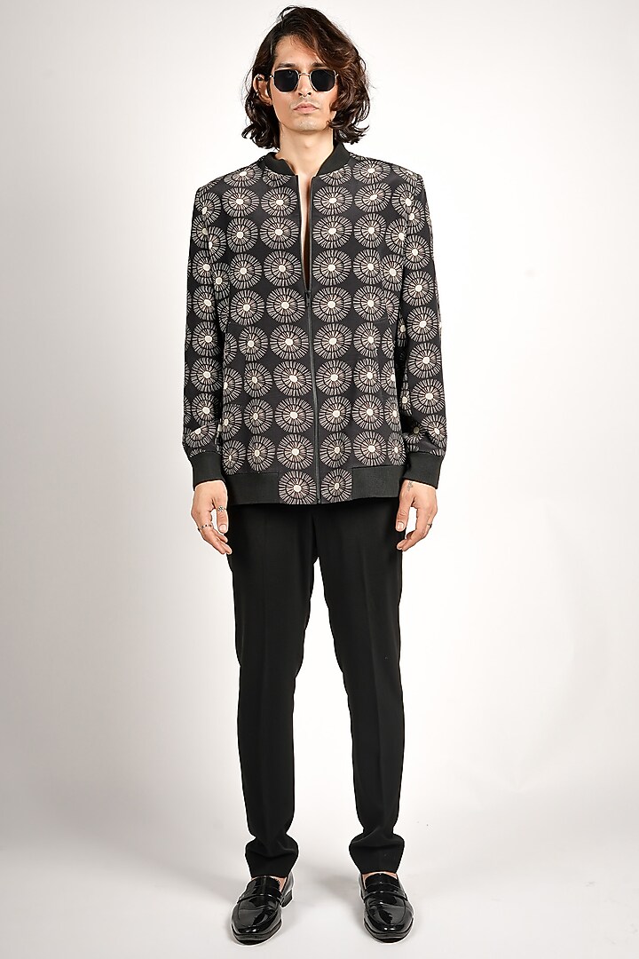 Black Crepe Motifs Bomber Jacket by SVA BY SONAM & PARAS MODI Men at Pernia's Pop Up Shop