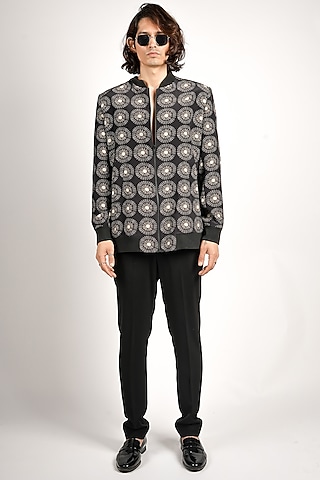 Black Crepe Motifs Bomber Jacket by SVA BY SONAM & PARAS MODI Men