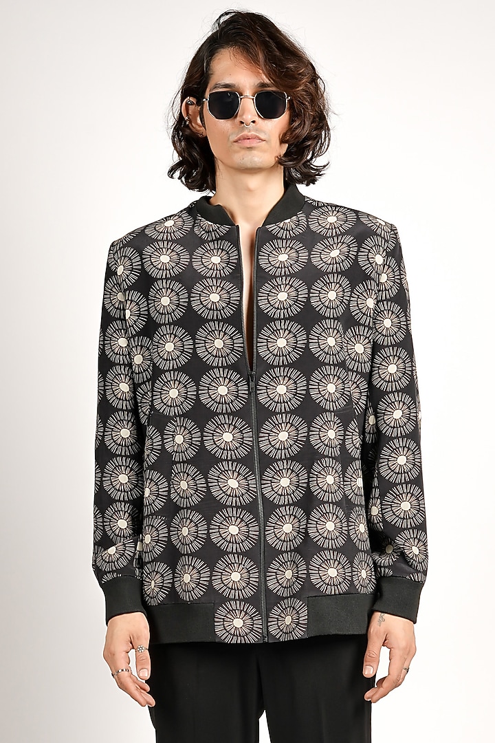 Black Crepe Motifs Bomber Jacket by SVA BY SONAM & PARAS MODI Men at Pernia's Pop Up Shop