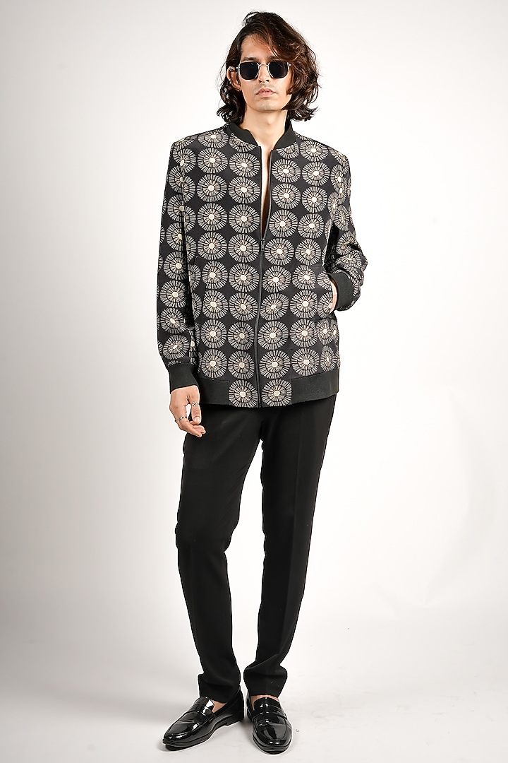Black Crepe Motifs Bomber Jacket by SVA BY SONAM & PARAS MODI Men at Pernia's Pop Up Shop