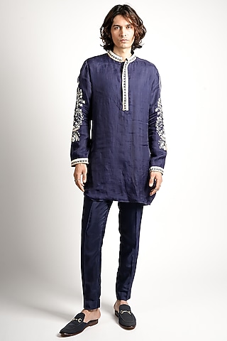 Blue Organza Embroidered Kurta Set by SVA BY SONAM & PARAS MODI Men