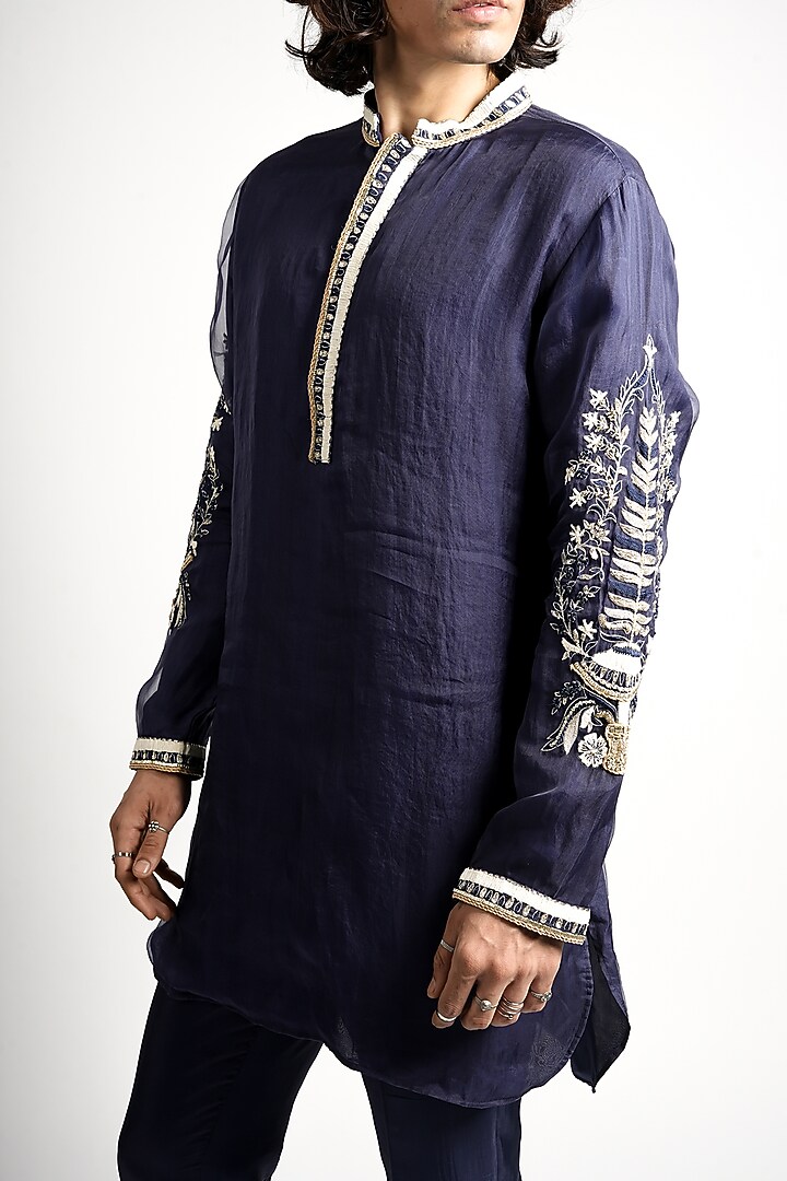 Blue Organza Embroidered Kurta Set by SVA BY SONAM & PARAS MODI Men at Pernia's Pop Up Shop