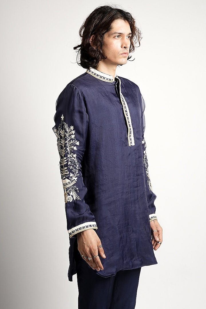 Blue Organza Embroidered Kurta Set by SVA BY SONAM & PARAS MODI Men at Pernia's Pop Up Shop