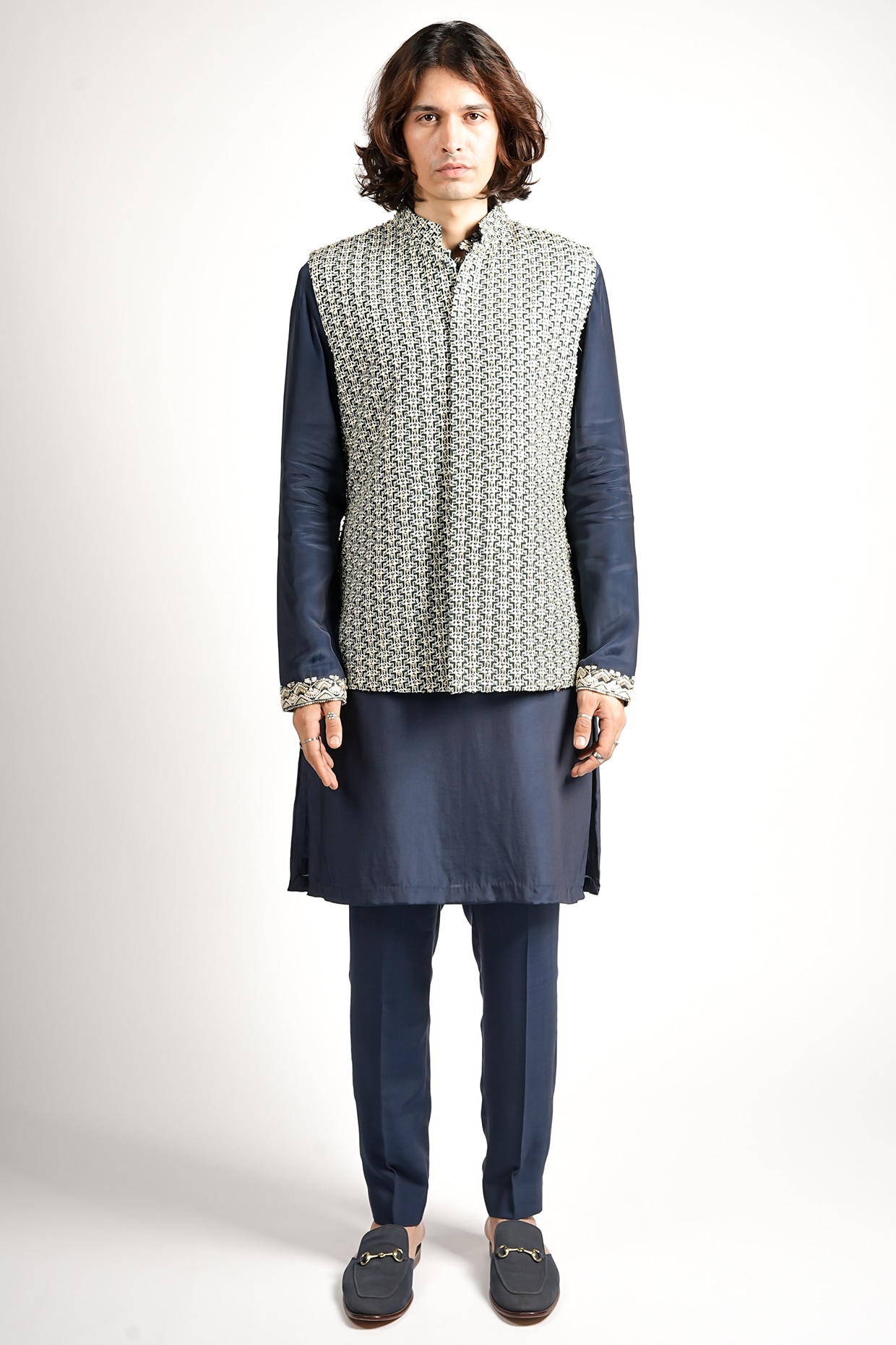 SVA BY SONAM & PARAS MODI Blue Crepe Embroidered Bundi Jacket Set