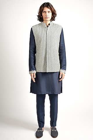 Blue Crepe Embroidered Bundi Jacket Set by SVA BY SONAM & PARAS MODI Men