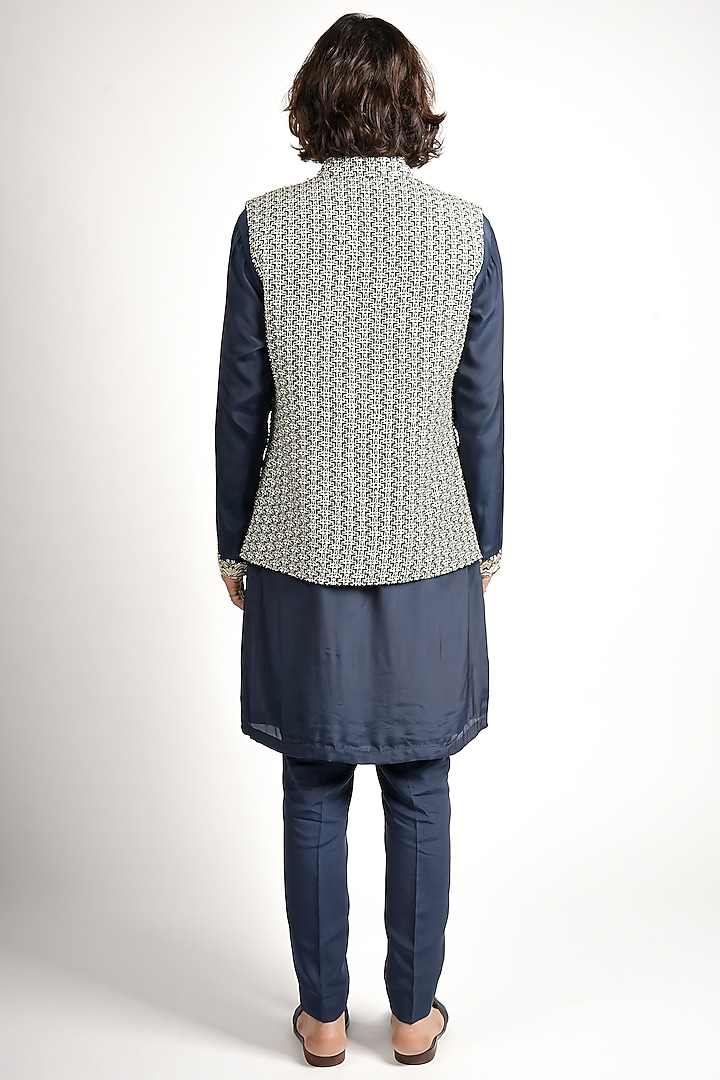 Blue Crepe Embroidered Bundi Jacket Set by SVA BY SONAM & PARAS MODI Men at Pernia's Pop Up Shop