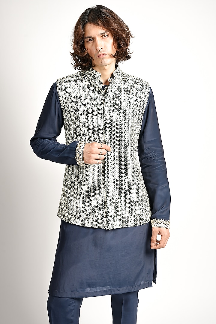 Blue Crepe Embroidered Bundi Jacket Set by SVA BY SONAM & PARAS MODI Men at Pernia's Pop Up Shop