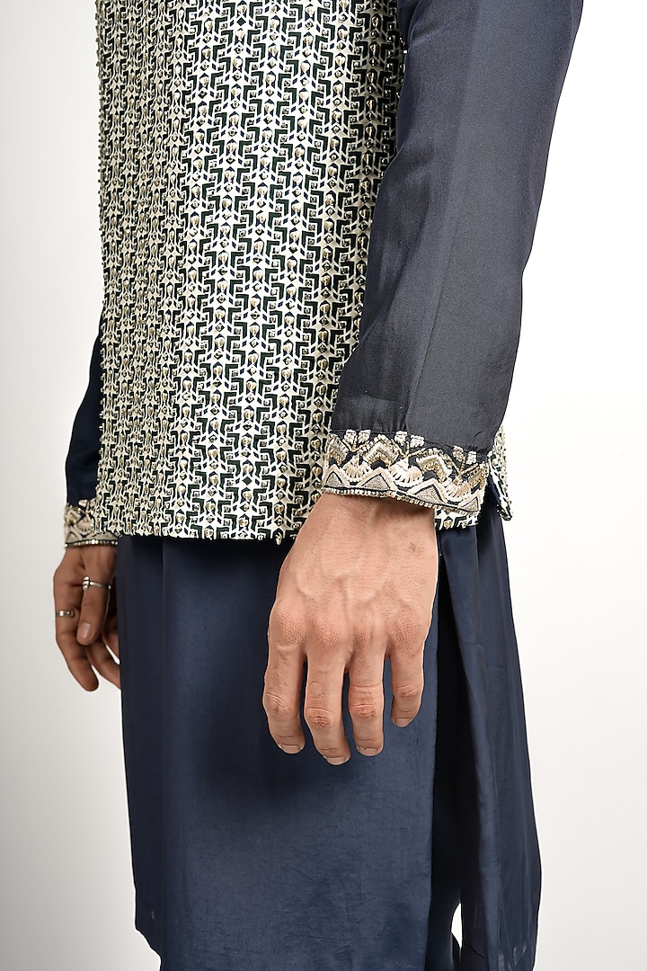 Blue Crepe Embroidered Bundi Jacket Set by SVA BY SONAM & PARAS MODI Men at Pernia's Pop Up Shop