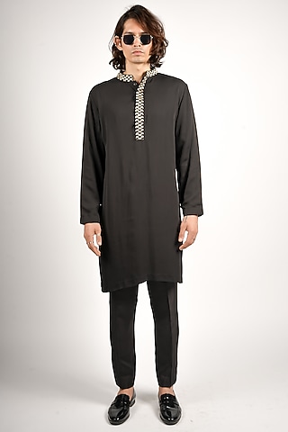 Black Crepe Embellished Kurta Set by SVA BY SONAM & PARAS MODI Men