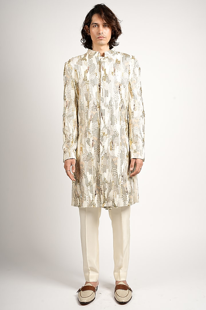 Ivory Silk Embellished Groom Sherwani Set by SVA BY SONAM & PARAS MODI Men at Pernia's Pop Up Shop