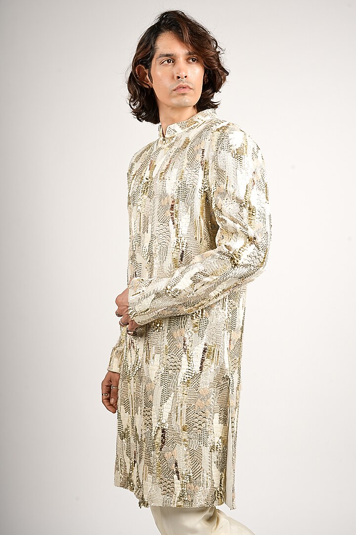 Ivory Silk Embellished Groom Sherwani Set by SVA BY SONAM & PARAS MODI Men at Pernia's Pop Up Shop